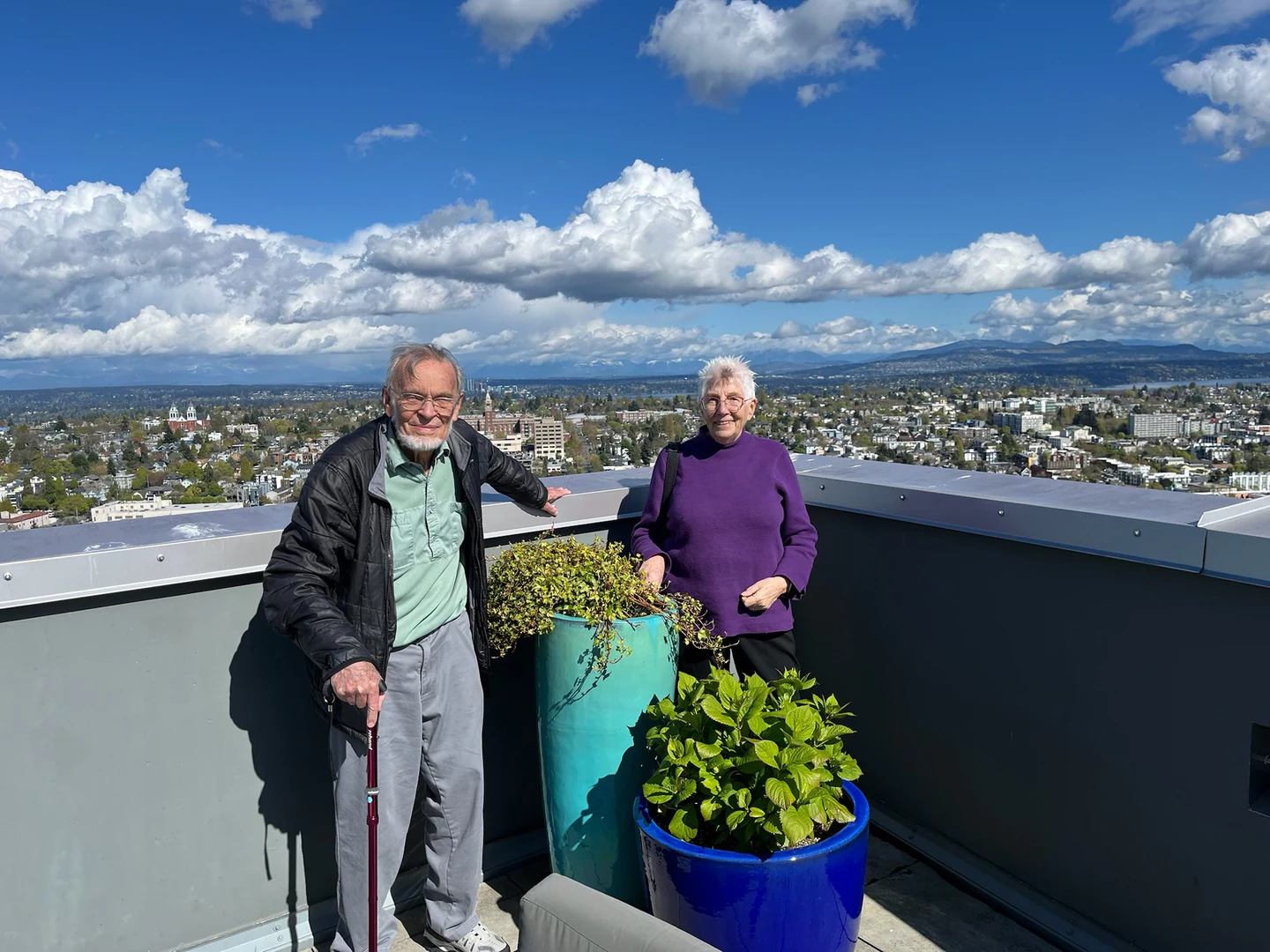 Mike and Elizabeth on the rooftop deck on moving day