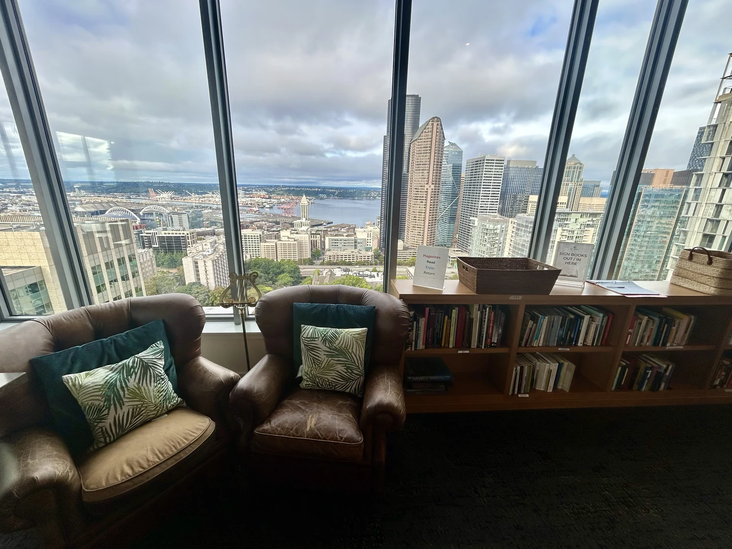 The library reading nook, with a view of the Seattle skyline